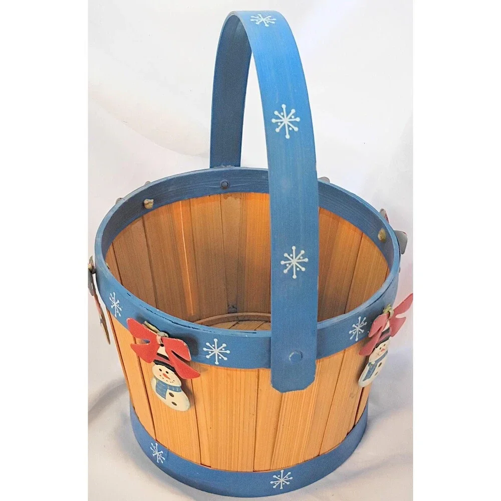 Wooden Basket with Metal Snowmen